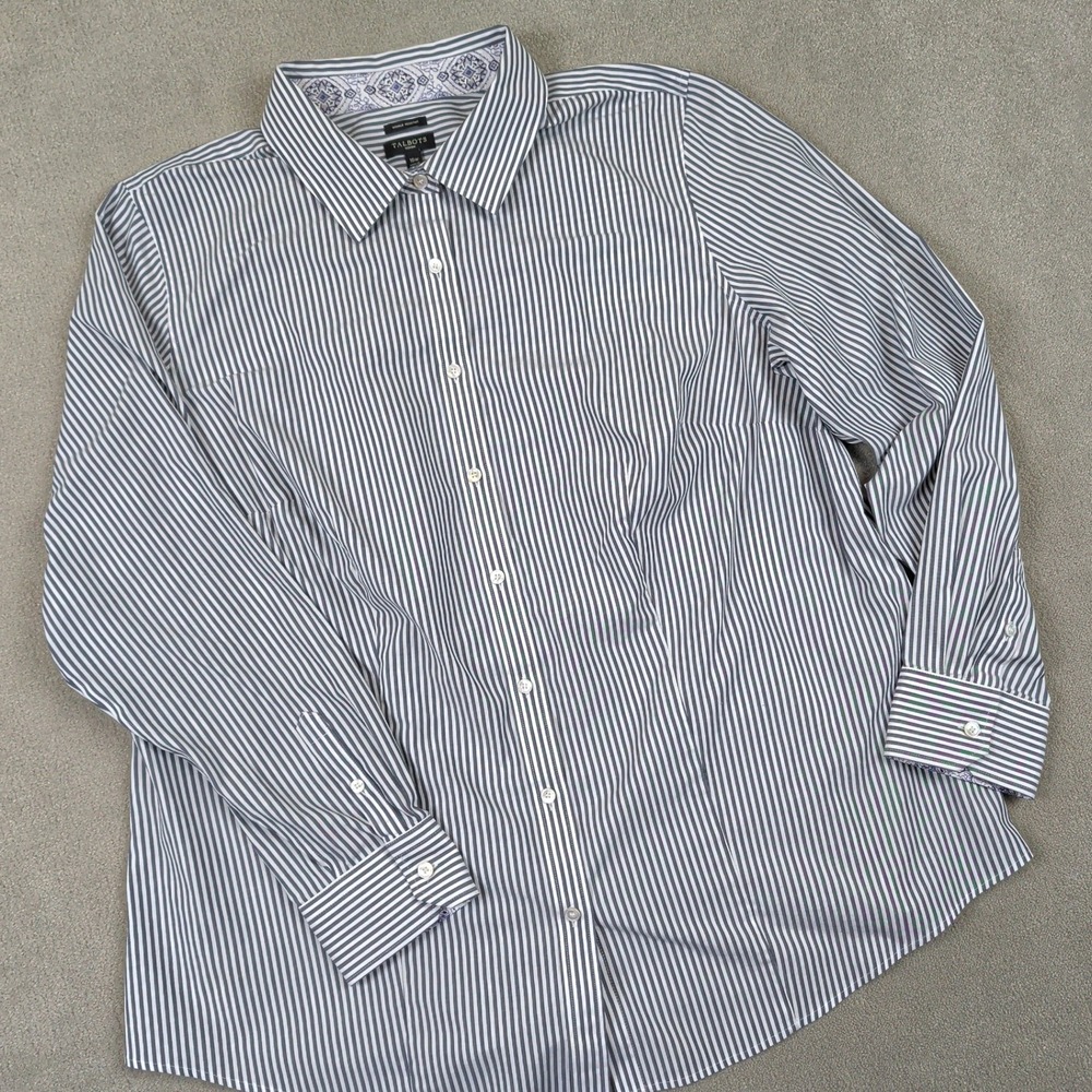 Talbots Woman 16W Striped Button Down Shirt Navy Blue White Wrinkle Resistant